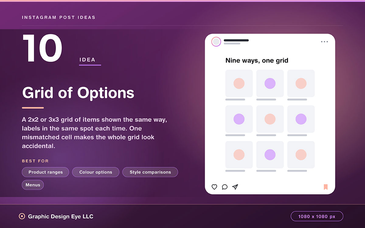 purple Instagram post idea slide showing a nine-cell grid