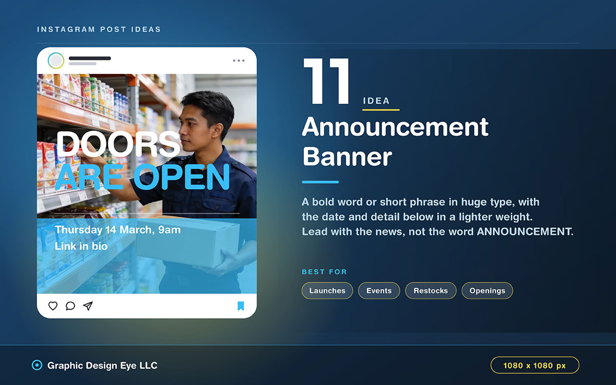 navy Instagram post idea slide showing an announcement