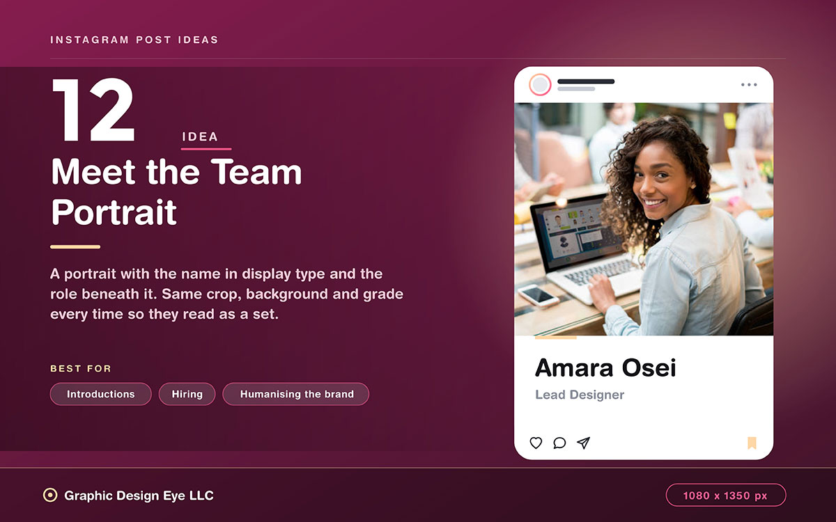 maroon Instagram post idea slide showing a team portrait
