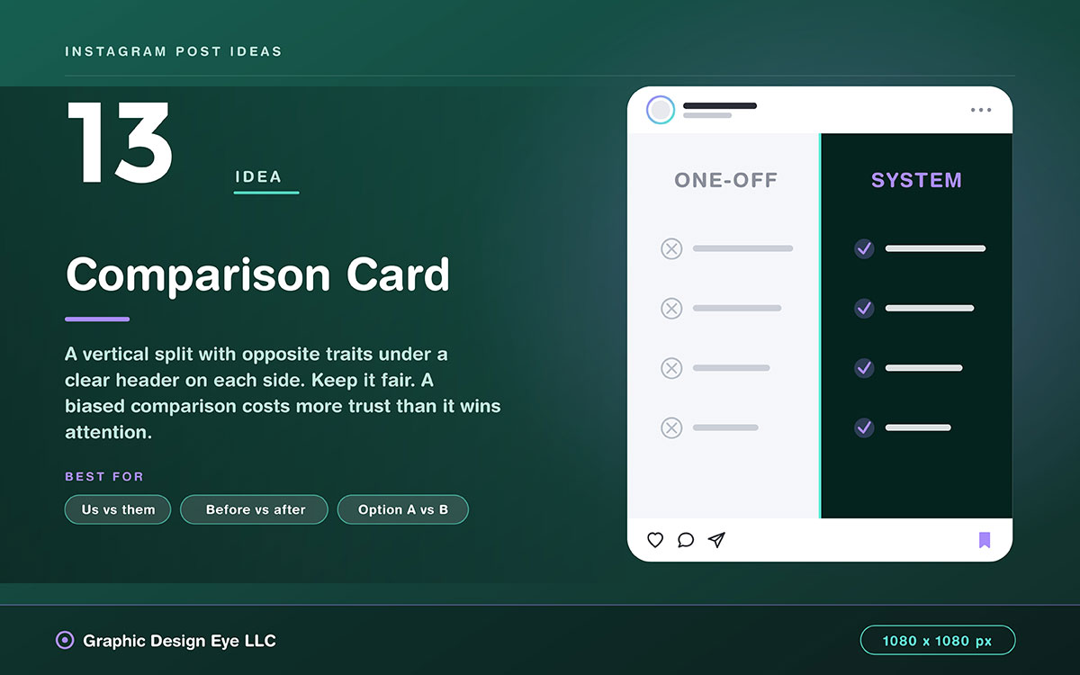 dark green Instagram post idea slide showing a two-column comparison