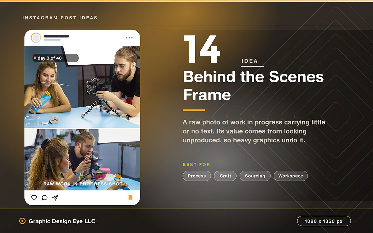 black and gold Instagram post idea slide showing a behind the scenes