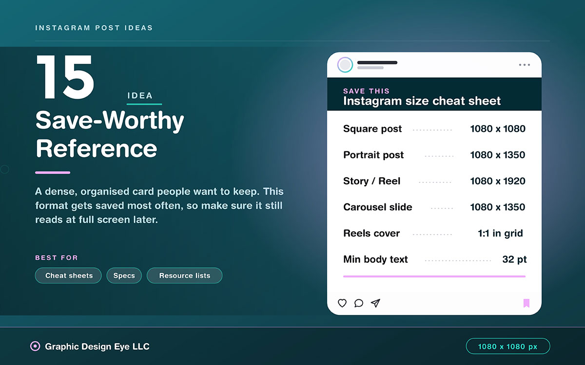 teal Instagram post idea slide showing a cheat sheet