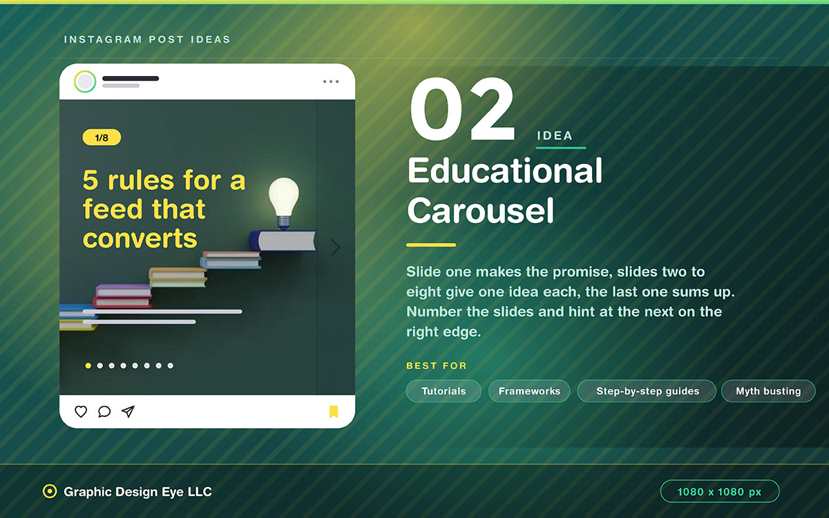 green Instagram post idea slide showing an educational carousel mockup