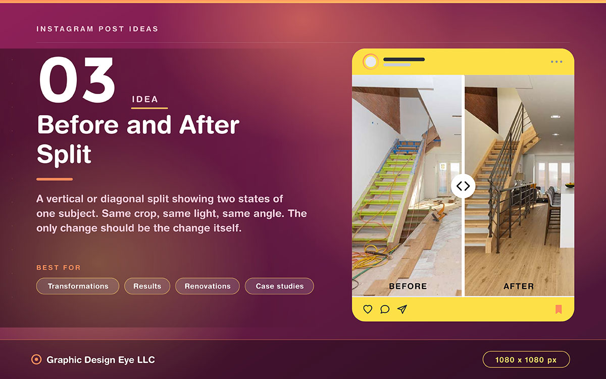 magenta Instagram post idea slide showing a before and after