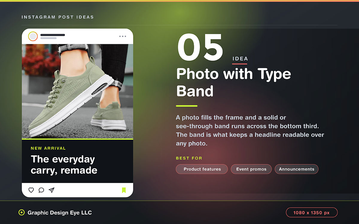 dark Instagram post idea slide showing a sneaker photo with a black type band reading
