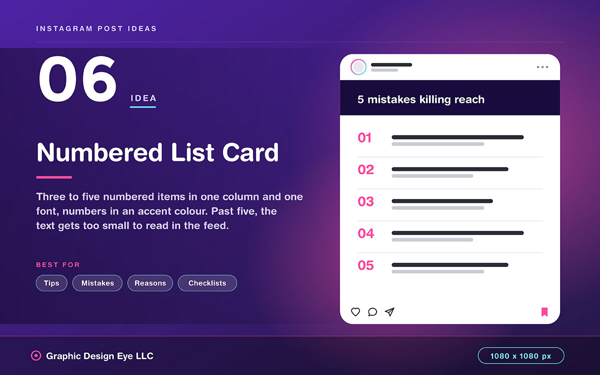 purple Instagram post idea slide showing a numbered list card mockup