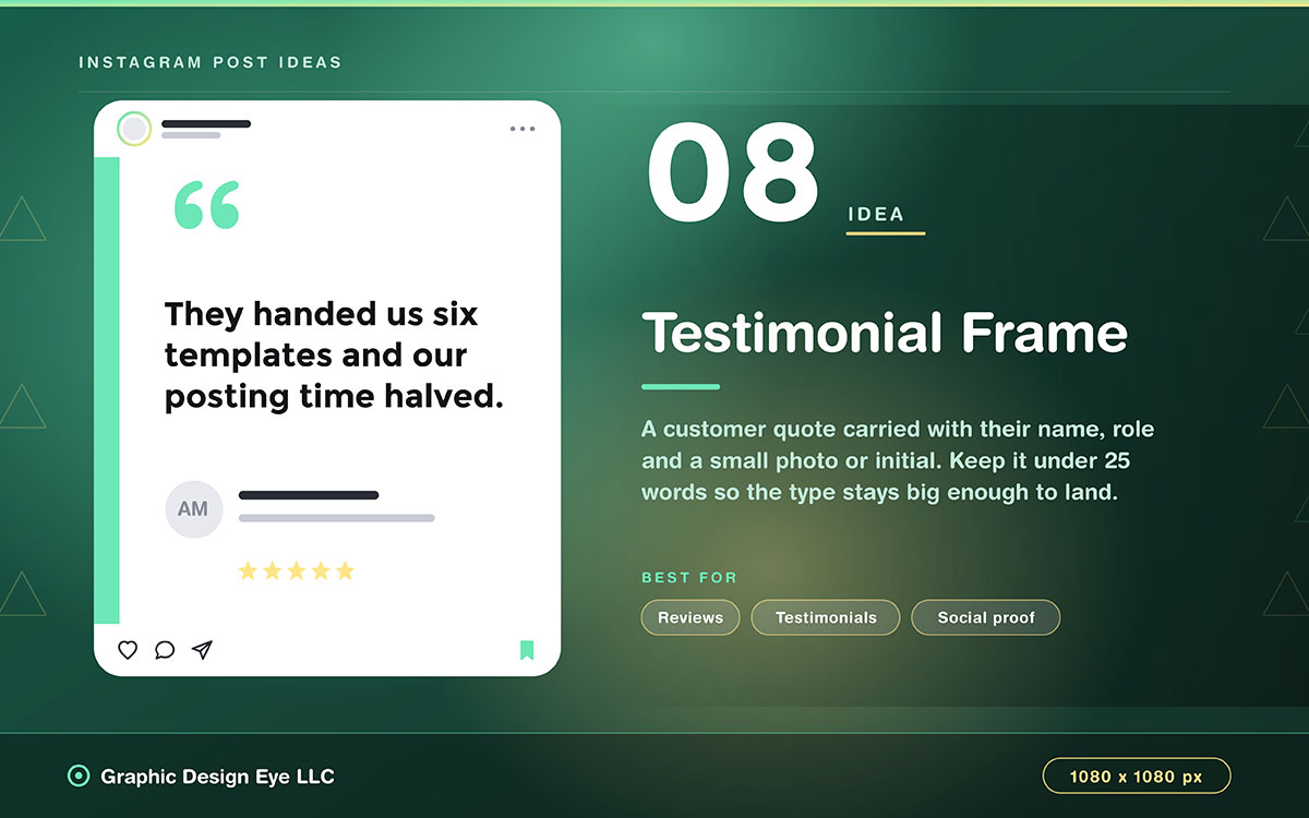green Instagram post idea slide showing a white testimonial card