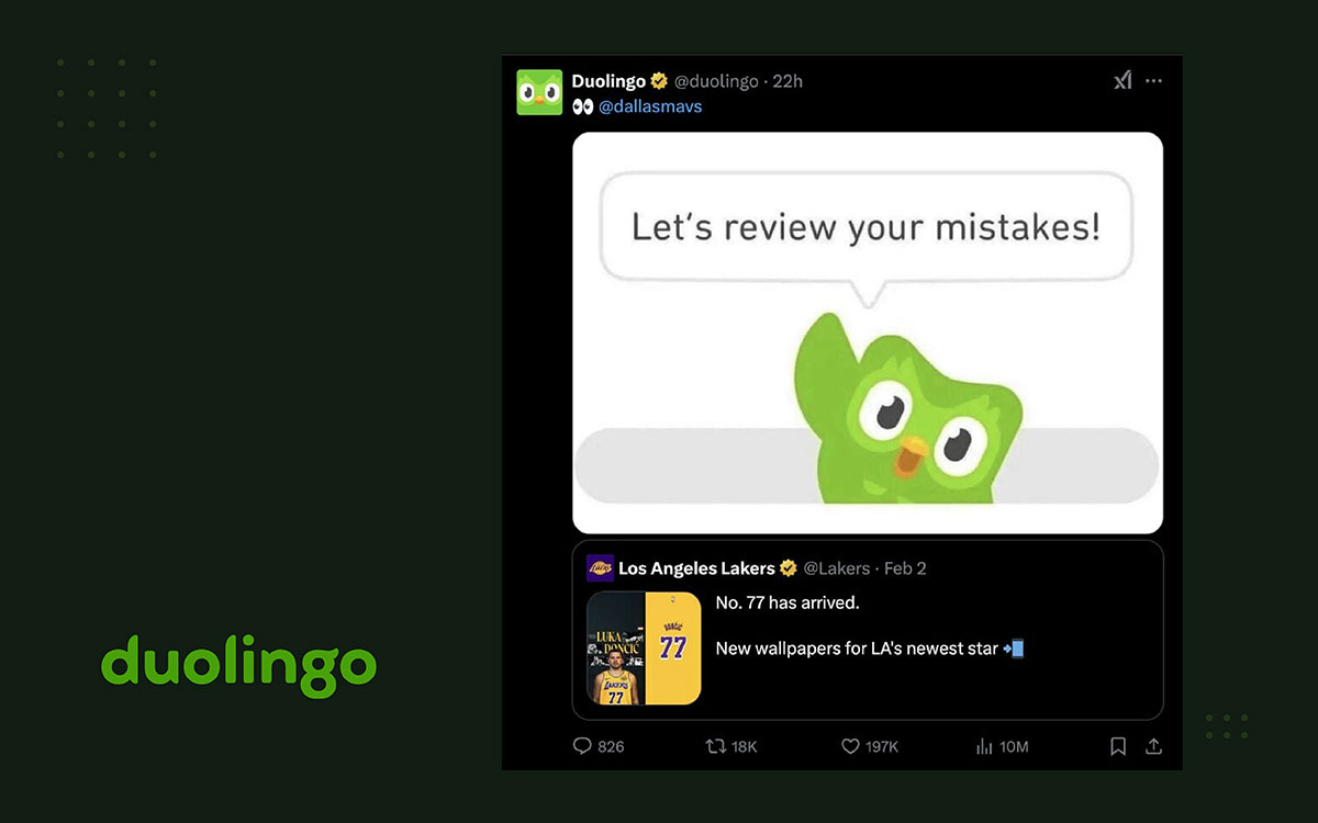 Duolingo social media content example showcasing humorous, viral, and engaging brand posts