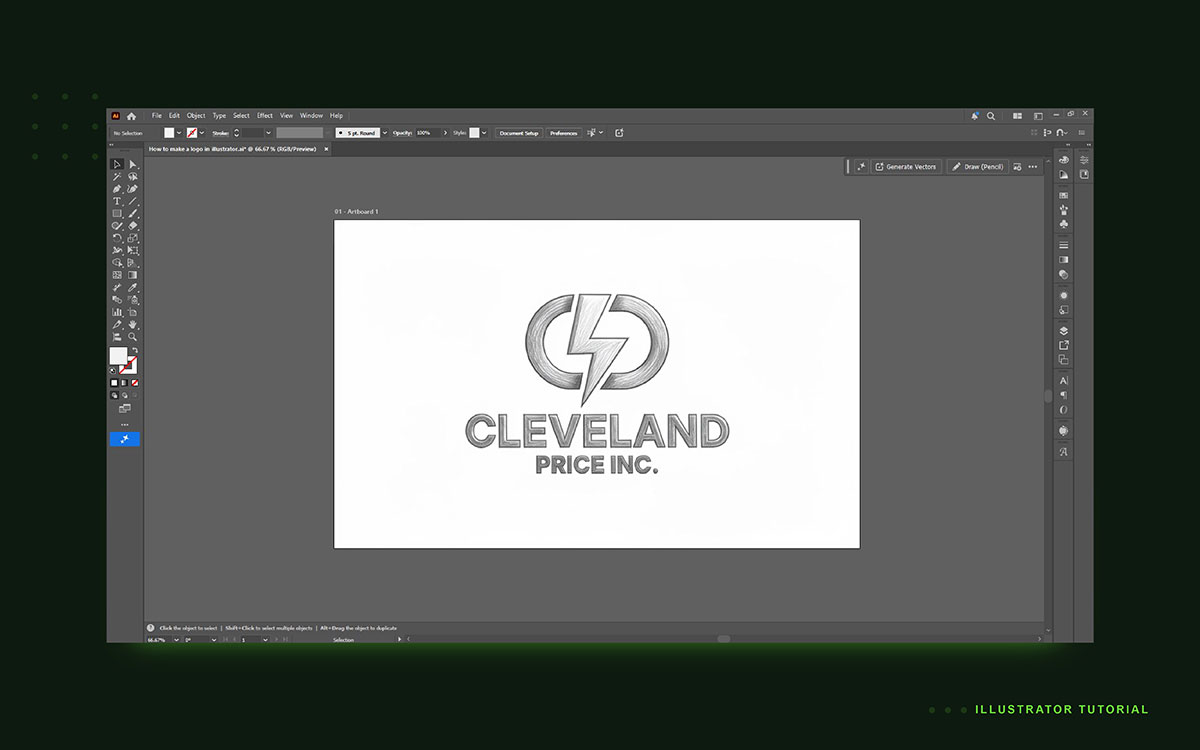 Step-by-step logo design process using Adobe Illustrator tools.