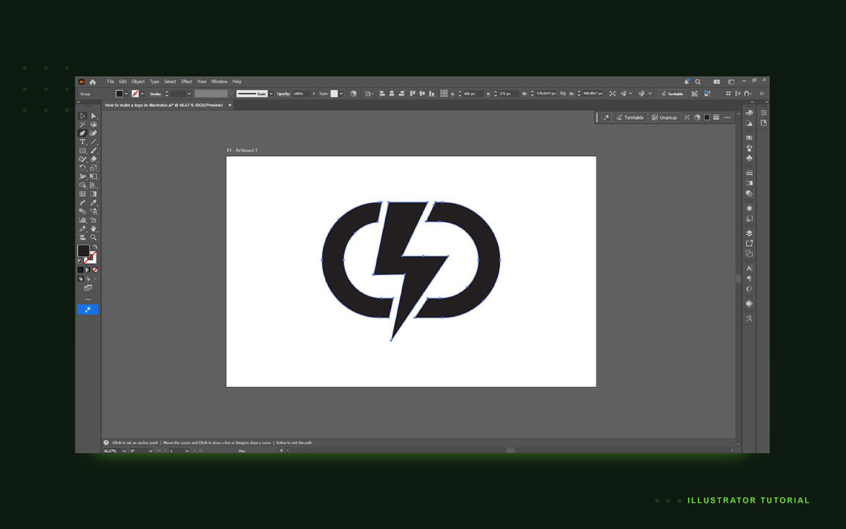 Vector logo being designed with the Pen Tool and Shape Builder in Illustrator