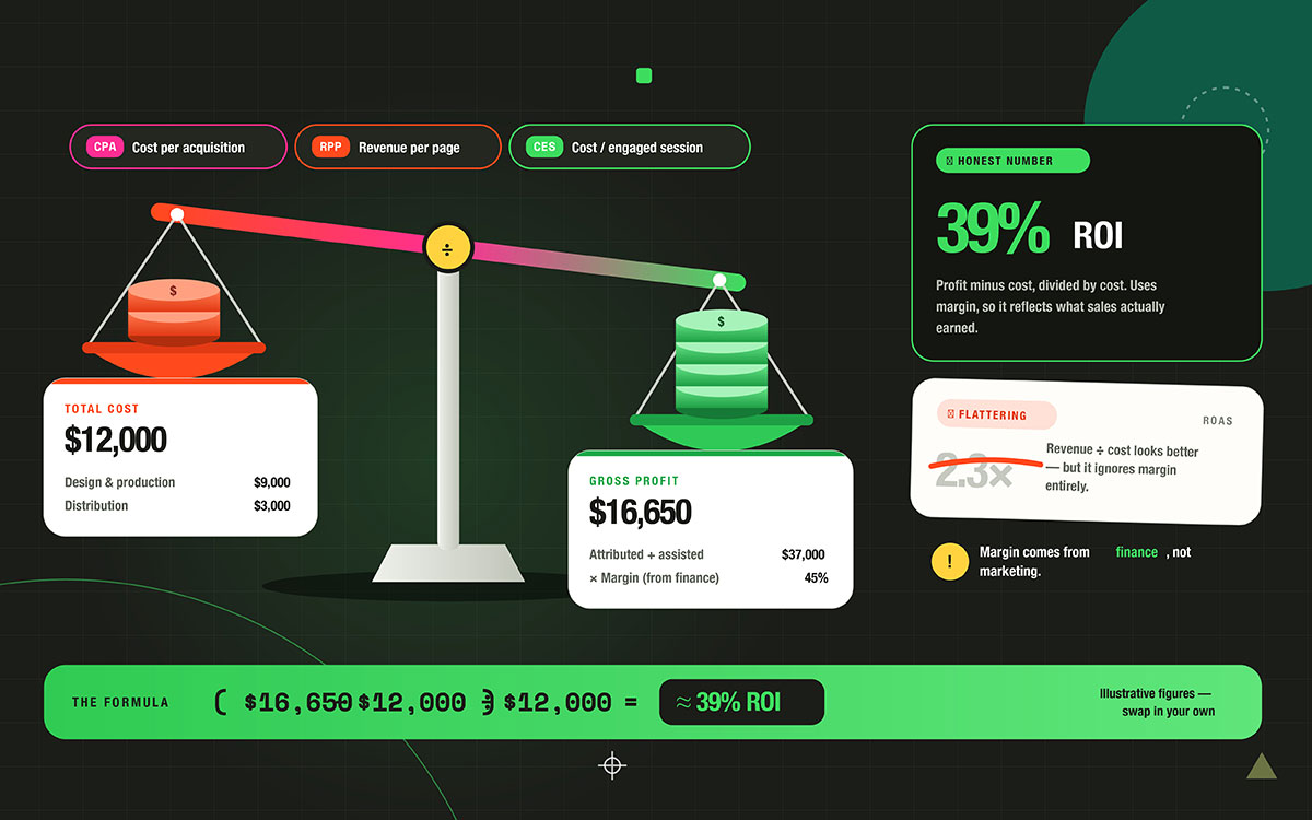 Balance scale comparing $12,000 catalog cost with $16,650 gross profit to show a 39% ROI, with ROI vs ROAS comparison