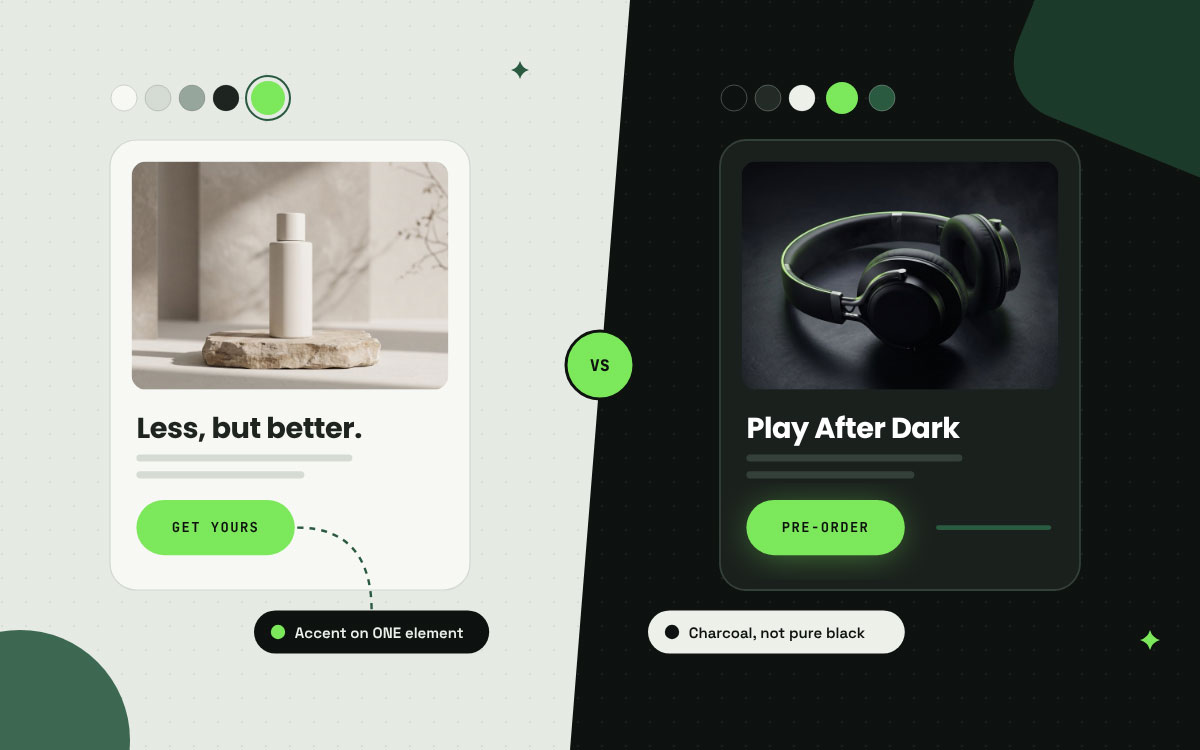 Light minimal skincare post vs dark headphones post, both with one bright green accent on the button