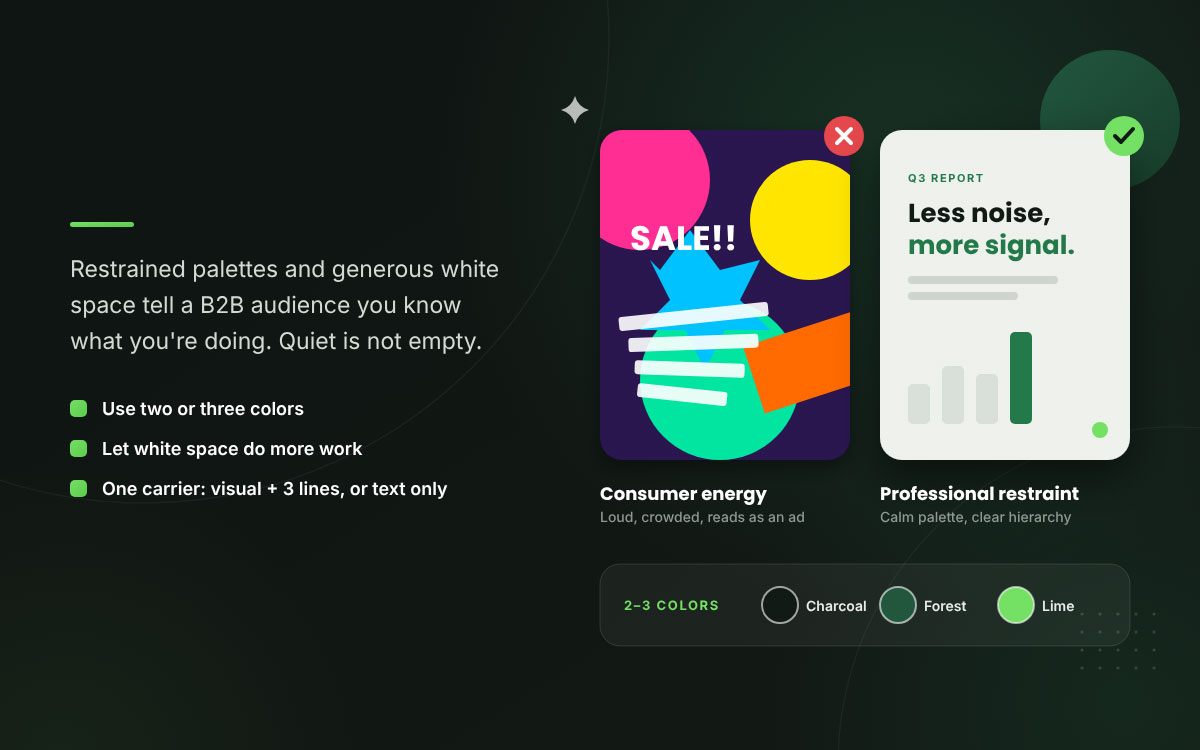 Loud colorful SALE post beside a calm Q3 report post with a 2 to 3 color palette of charcoal, forest, and lime