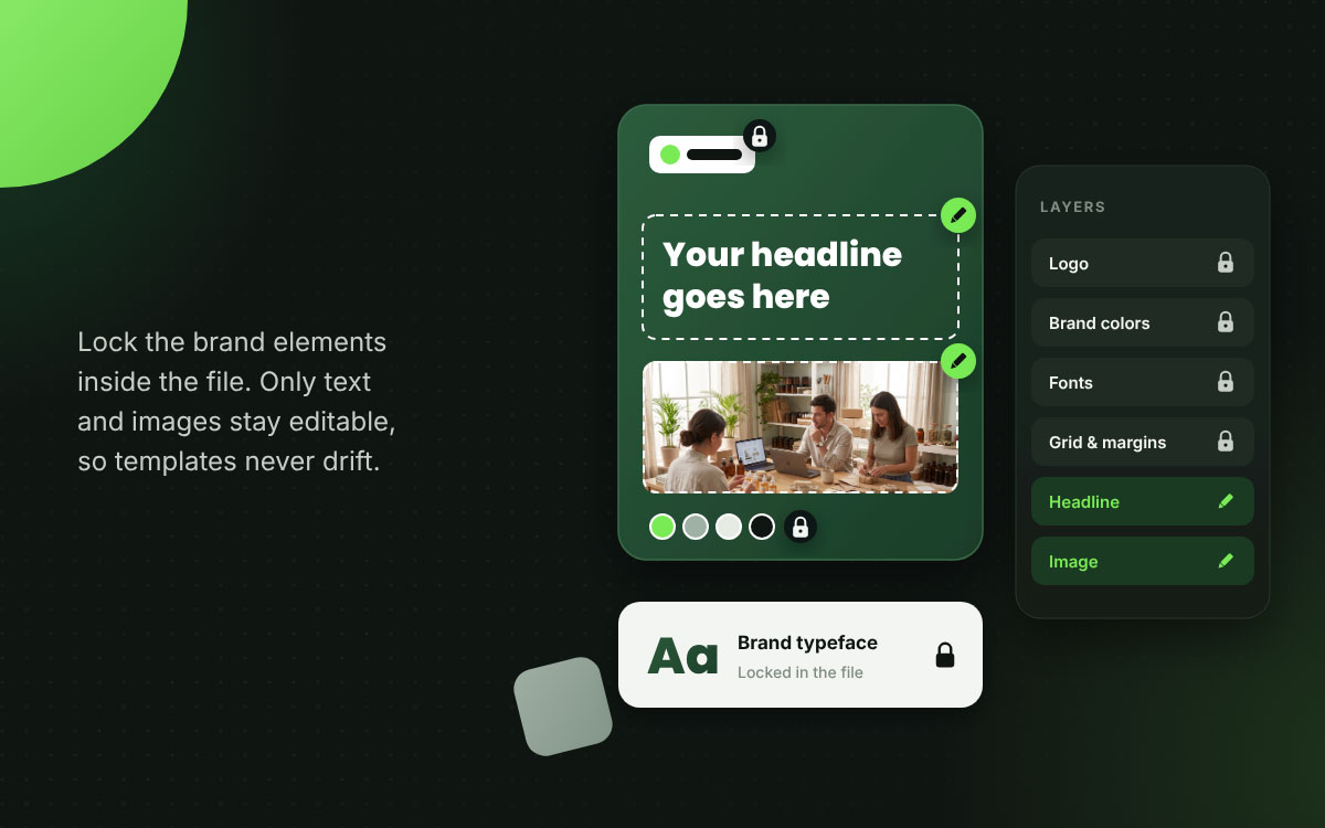Social media template with locked logo, colors, fonts, and grid, and editable headline and image layers