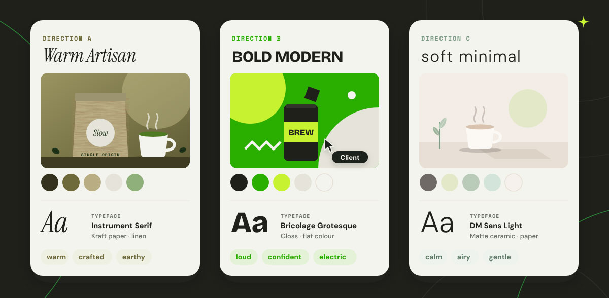 Three mood board directions for a coffee brand: warm artisan, bold modern, and soft minimal