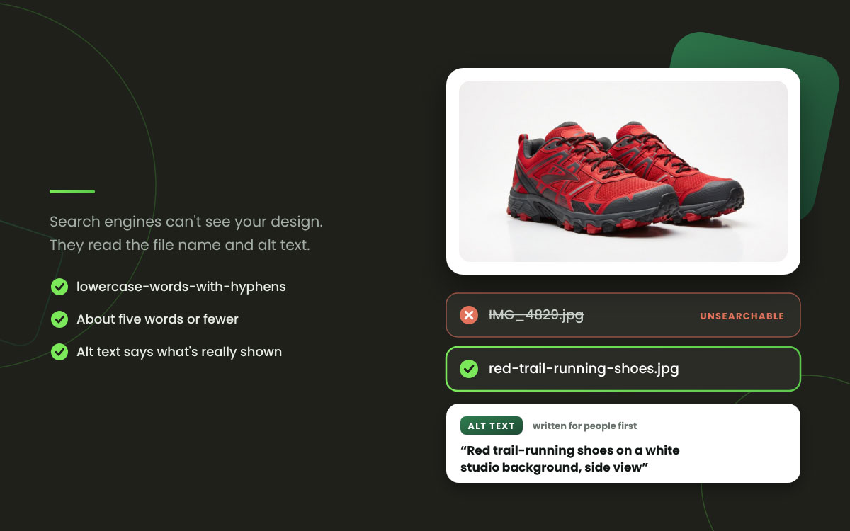 Red trail running shoes with an unsearchable file name crossed out and replaced by an SEO-friendly name and alt text