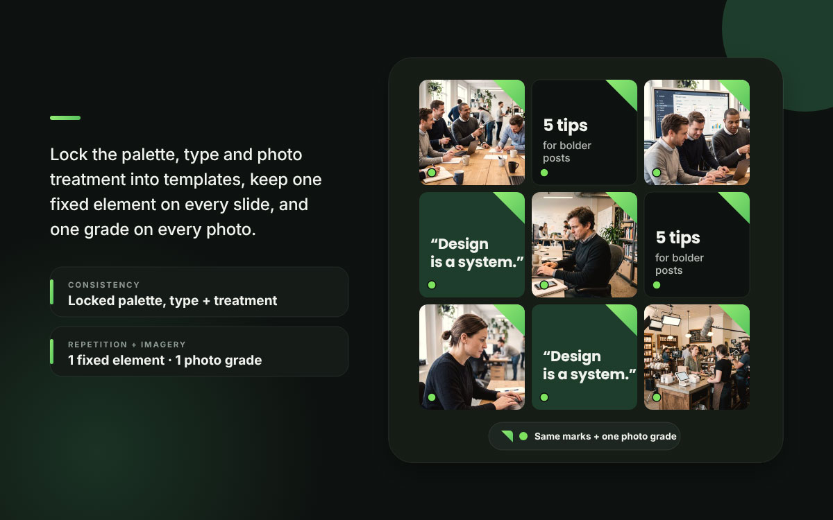 Nine-post social media grid with matching colors, type, corner marks, and one photo grade across every image