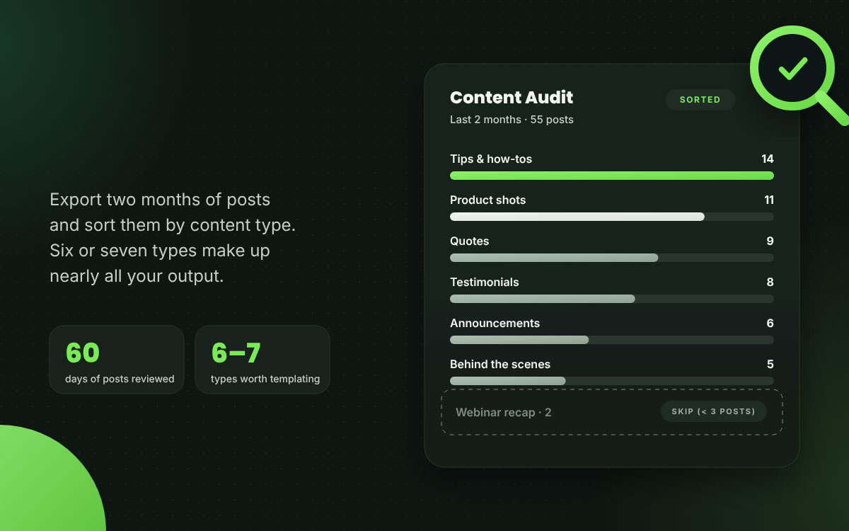 Content audit of 55 social media posts sorted by type, from tips and how-tos to behind the scenes