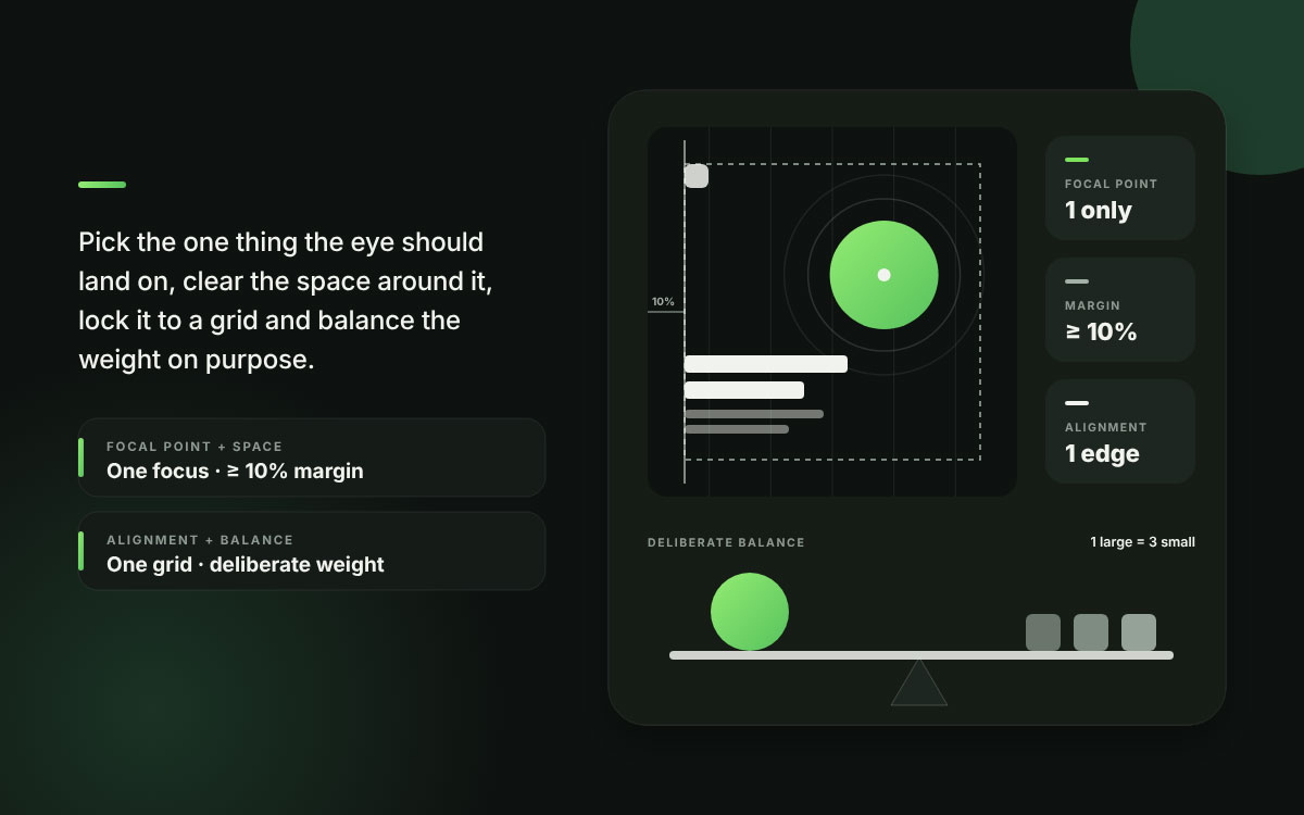 Social post layout with one focal point, 10% margin, one-edge alignment, and a balance scale of one large to three small