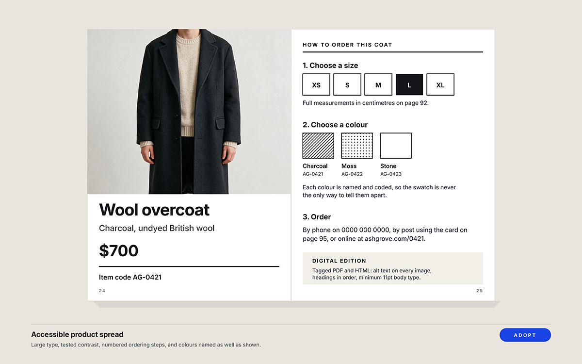 Catalog product spread showing a charcoal wool overcoat next to a three-step ordering panel with size boxes, named colour swatches and a digital edition note