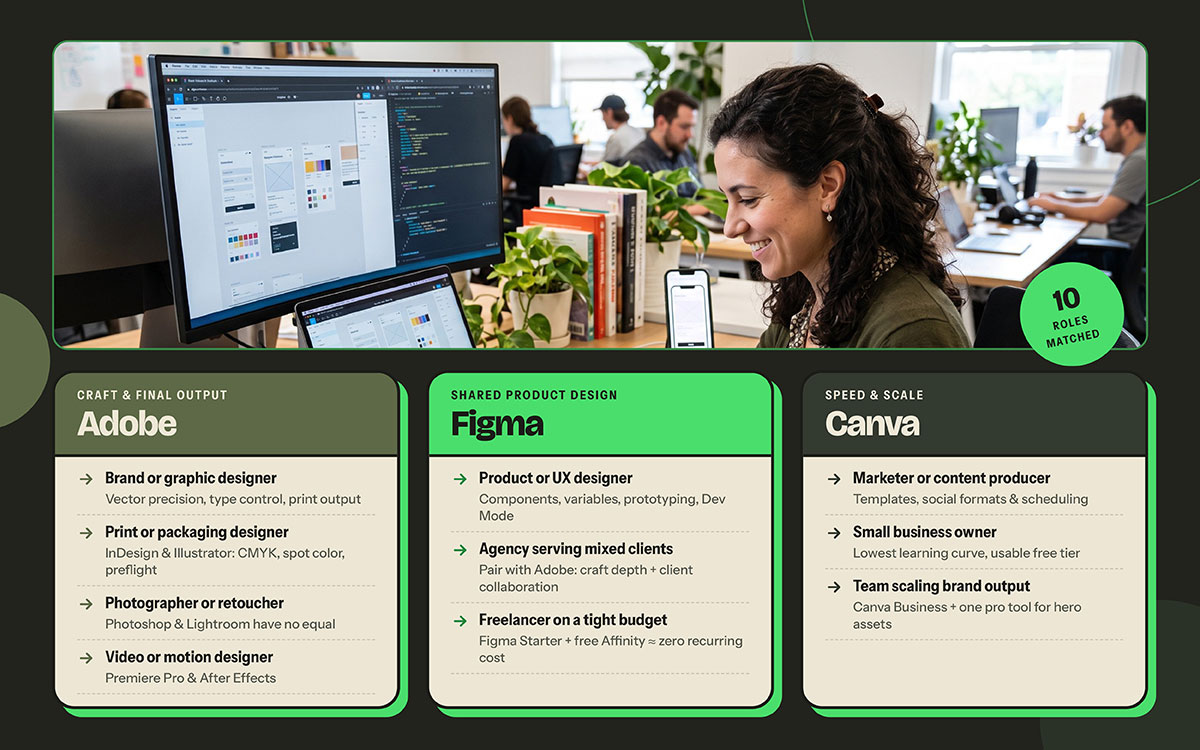 Designer working at a monitor with UI layouts, above three cards matching 10 roles to Adobe, Figma, and Canva by workflow