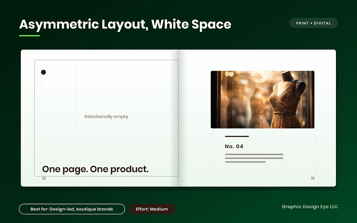 Catalog spread with an intentionally empty left page and a gold dress on a mannequin on the right, showing an asymmetric white space layout