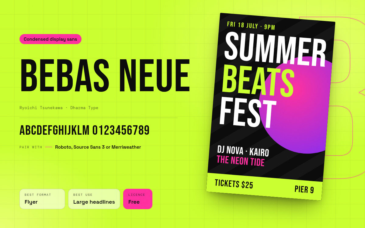 Bebas Neue font specimen beside a Summer Beats Fest event flyer with bold condensed headlines, best for large flyer headlines