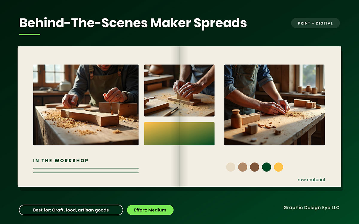 Catalog spread showing a woodworker shaping wood at a workbench, with an "In the Workshop" heading and earthy colour palette swatches