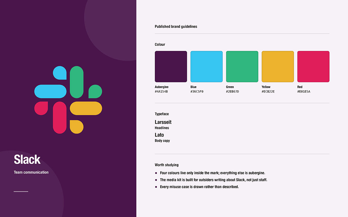 Slack brand guidelines card with the four-colour hash logo on aubergine, colours #4A154B, #36C5F0, #2EB67D, #ECB22E, #E01E5A