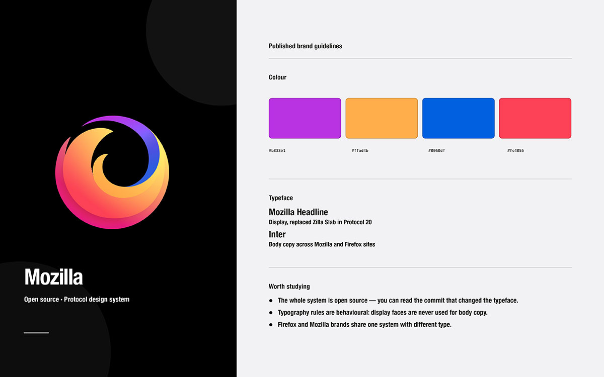 Mozilla Protocol brand guidelines card with the Firefox logo on black, colours #B833C1, #FFAD4B, #0060DF, #FC4055, and Mozilla Headline typeface