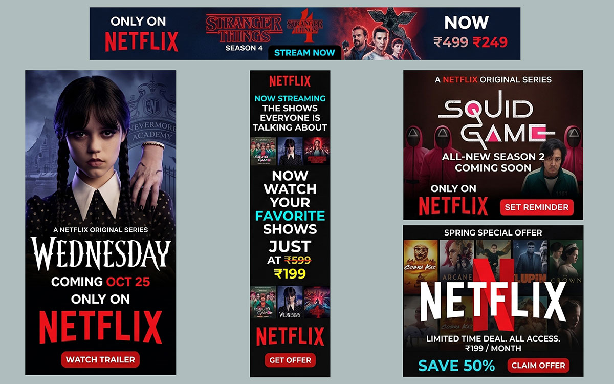 Set of Netflix display banner ads in multiple sizes promoting original series with red Netflix wordmark, pricing offers and red call-to-action buttons