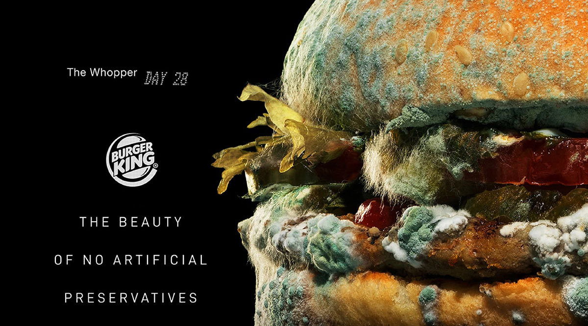 Burger King Moldy Whopper ad showing a moldy burger on day 28 with the text The Beauty of No Artificial Preservatives