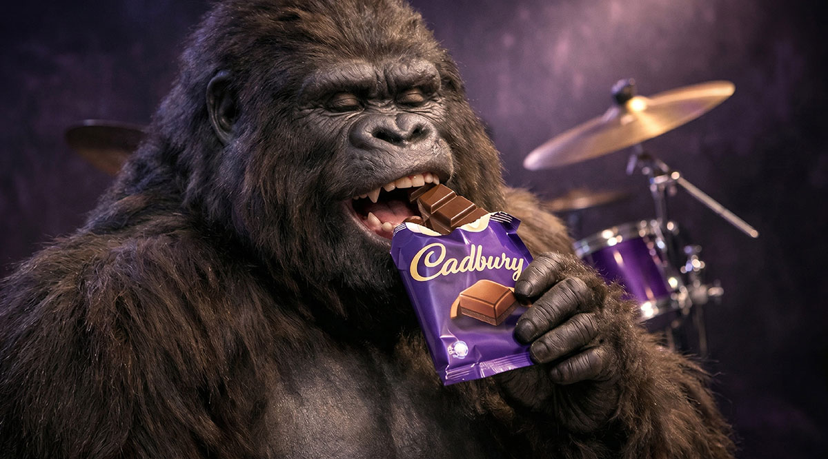 Gorilla eating a Cadbury Dairy Milk chocolate bar in front of a purple drum kit with cymbals