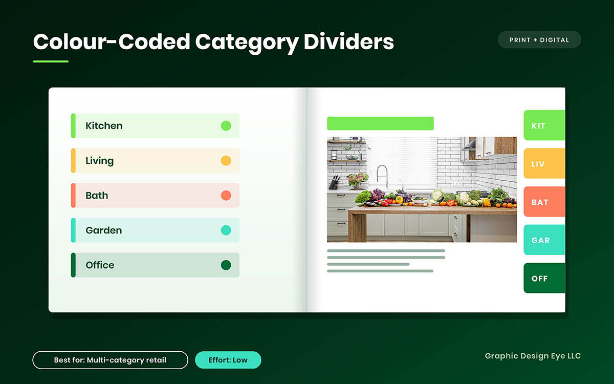 Catalog spread with a colour-coded list for kitchen, living, bath, garden and office, plus matching side tabs beside a kitchen photo