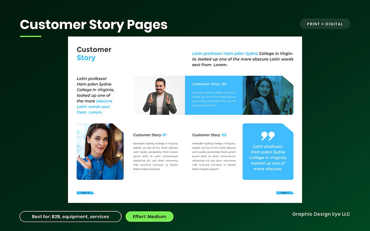 Catalog spread titled Customer Story with portrait photos, three short customer stories and a blue pull-quote box