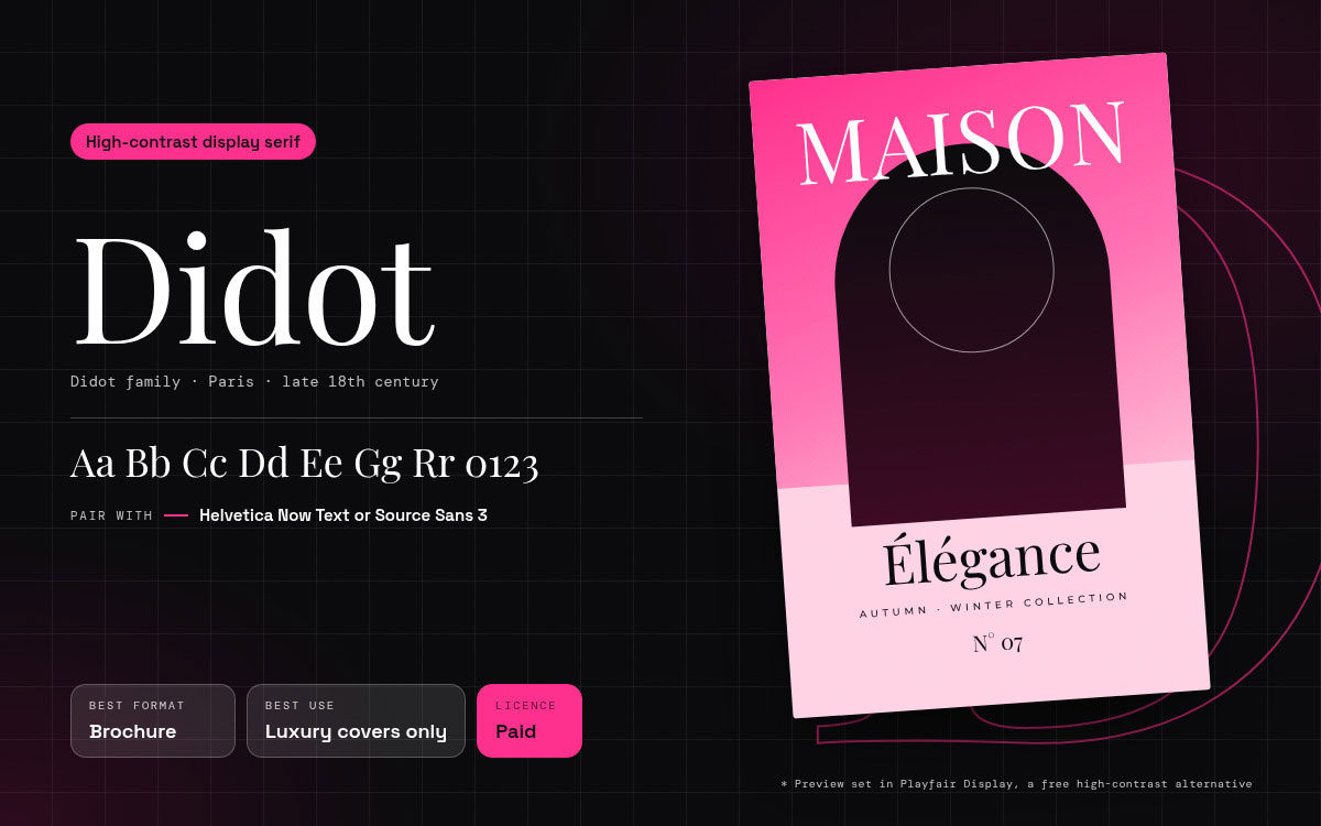 Didot font specimen with a pink Maison &Eacute;l&eacute;gance autumn winter collection brochure cover, best for luxury covers only