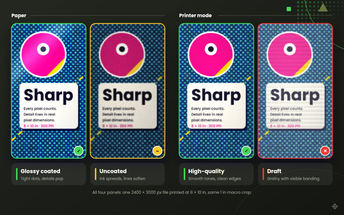 Four macro crops of the same 300 PPI print comparing glossy coated paper, uncoated paper, high-quality printer mode and draft mode
