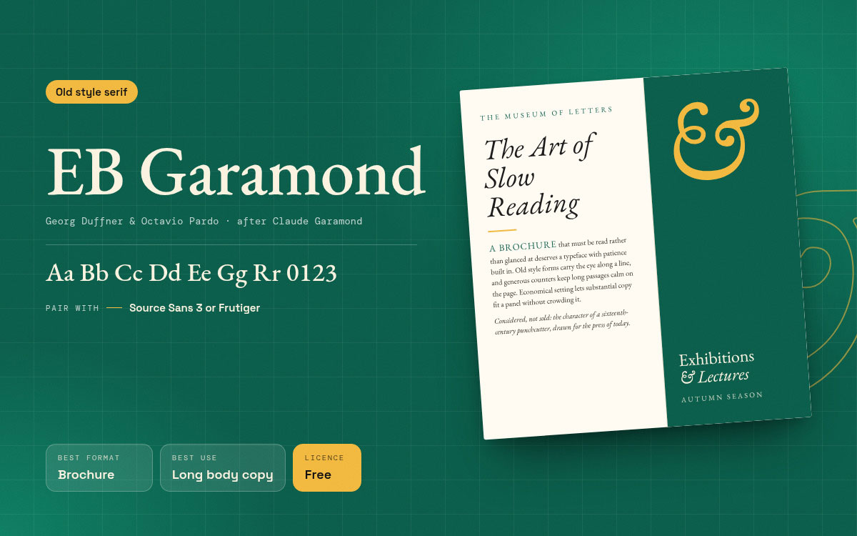 EB Garamond font specimen beside a Museum of Letters brochure titled The Art of Slow Reading, best for long body copy