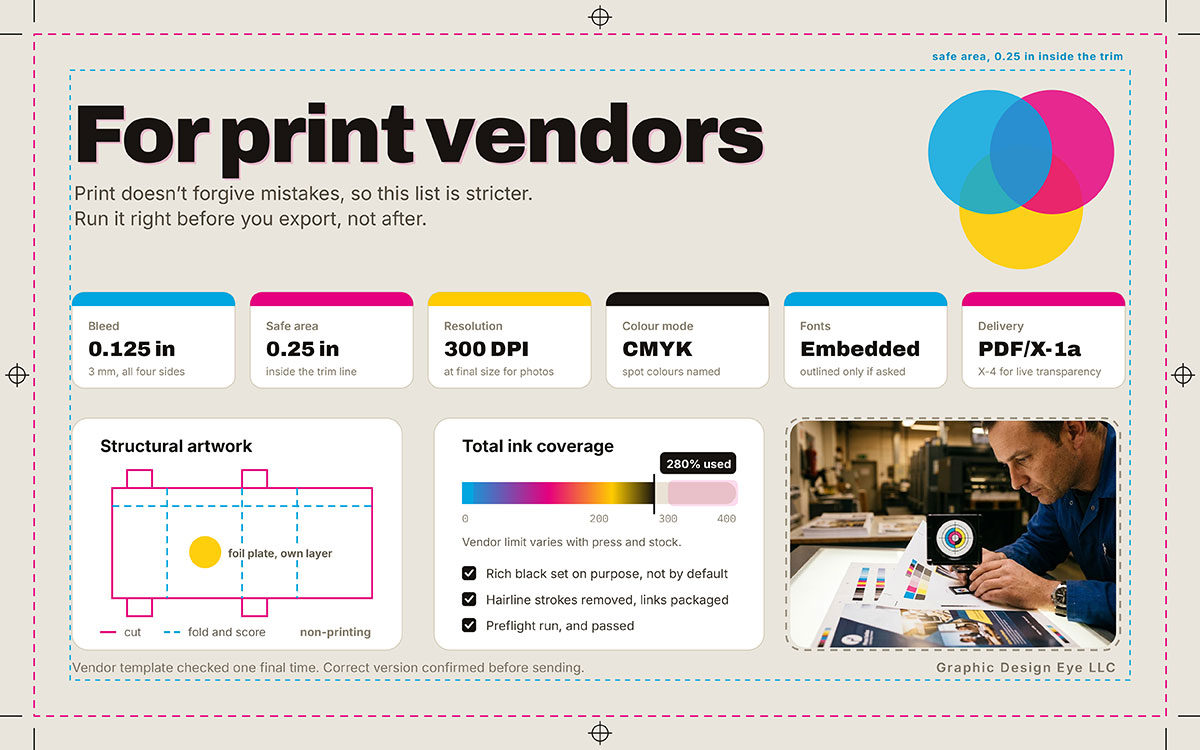For Print Vendors checklist showing bleed, safe area, resolution, CMYK, fonts, and ink coverage specs