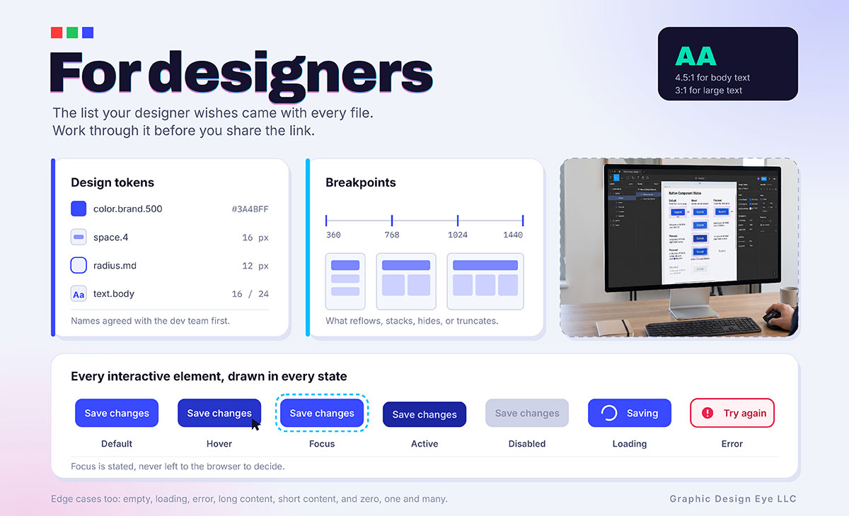 For designers checklist showing design tokens, breakpoints, and button states from default to error