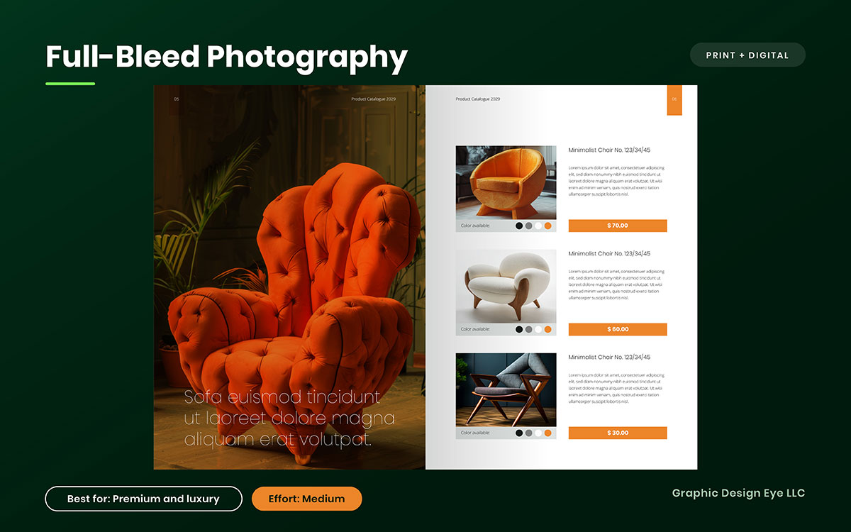 Catalog spread with a full-page photo of an orange tufted armchair beside three chairs listed with colour options and prices