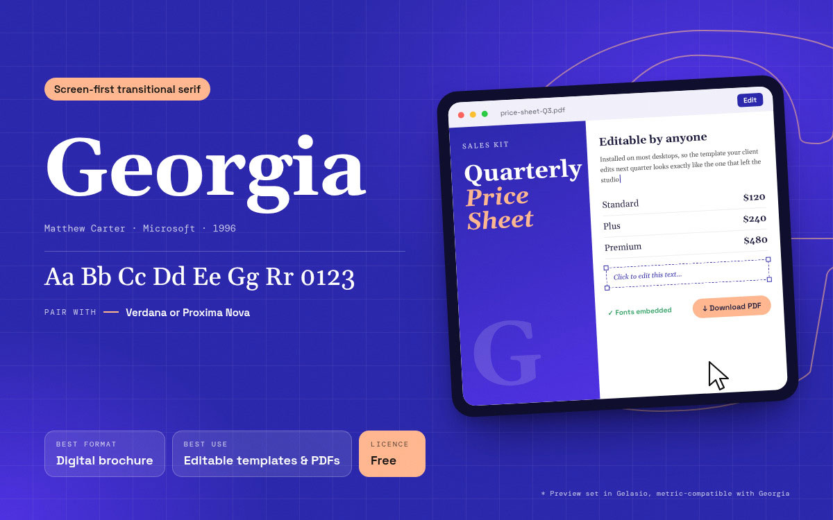 Georgia font specimen with a tablet showing an editable quarterly price sheet PDF, suggested pairings Verdana or Proxima Nova, best for digital brochures