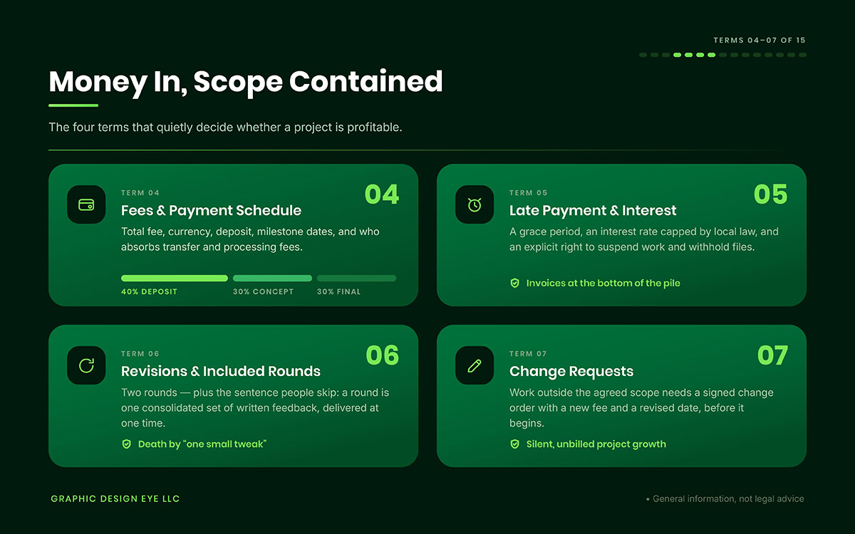 Four green cards covering design contract payment terms: fees and payment schedule with a 40/30/30 deposit bar, late payment interest, revision rounds and change requests