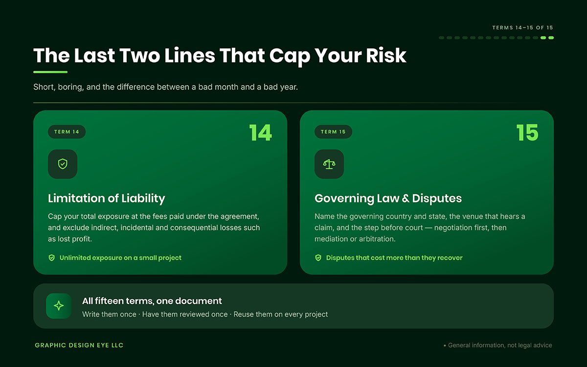 Two green cards covering the final graphic design contract terms &mdash; limitation of liability and governing law and disputes &mdash; with a closing note to reuse all fifteen terms on every project