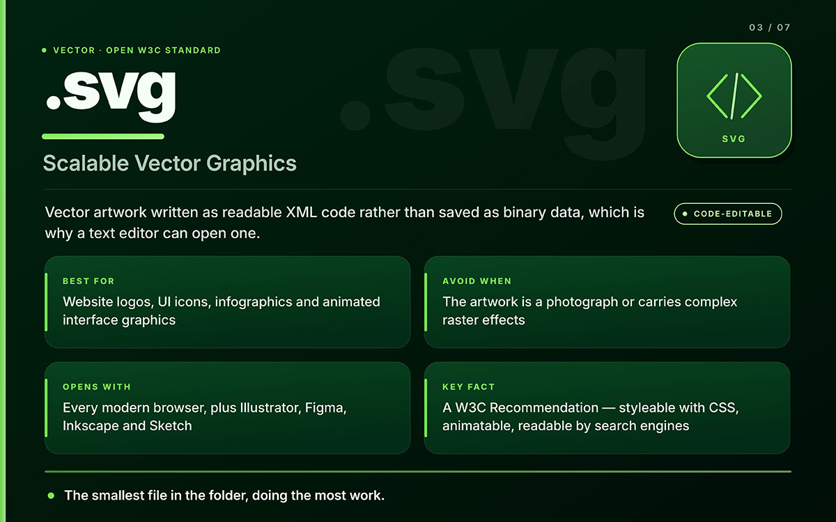 SVG file format card explaining Scalable Vector Graphics