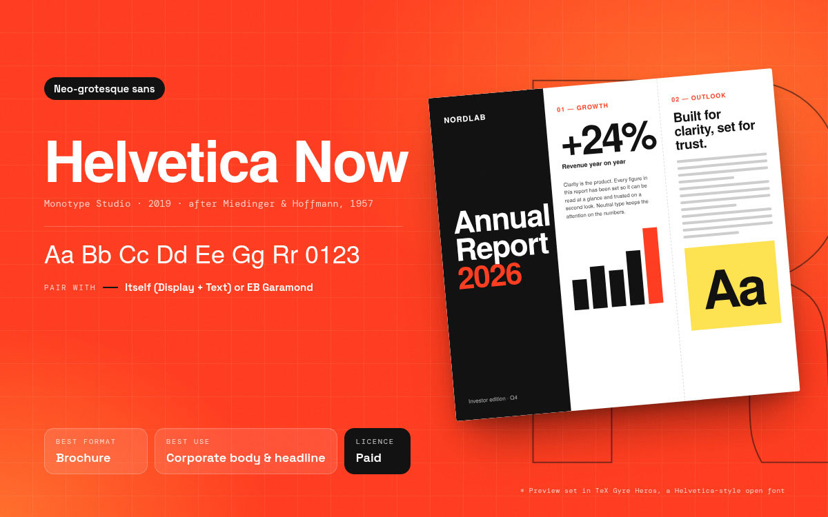 Helvetica Now font specimen beside an annual report 2026 brochure showing +24% revenue growth, best for corporate body and headline text