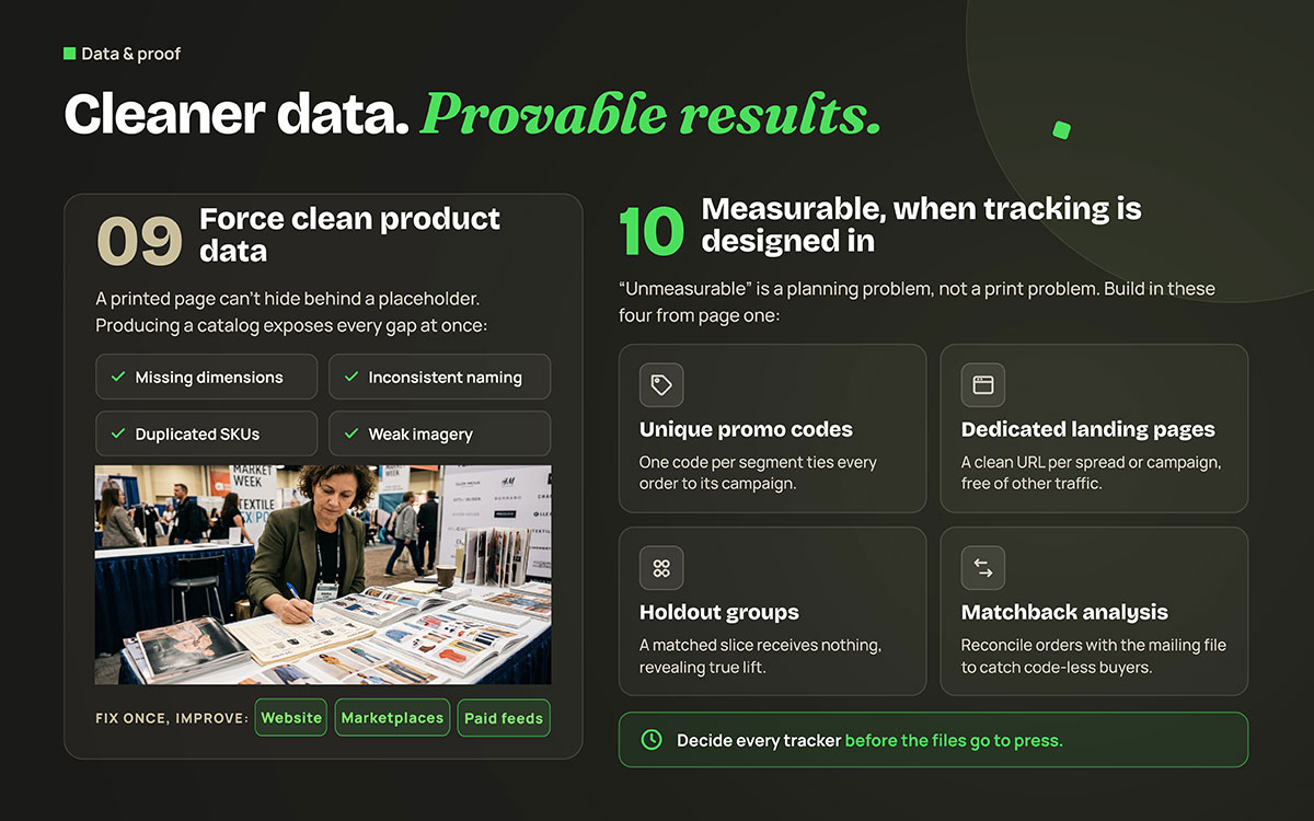 Infographic showing how catalogs force clean product data and measure results with promo codes, landing pages, holdout groups and matchback analysis