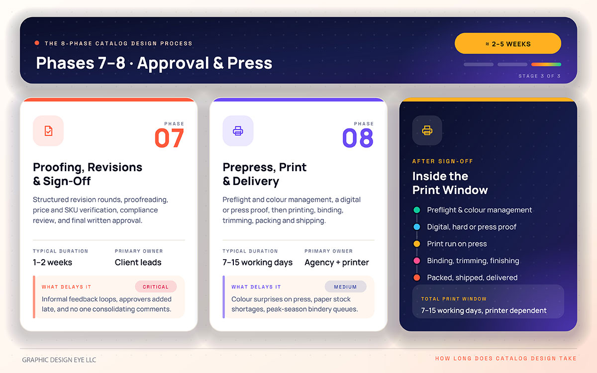 catalog design phases 7 and 8 chart covering proofing, sign-off, prepress, printing and delivery timelines