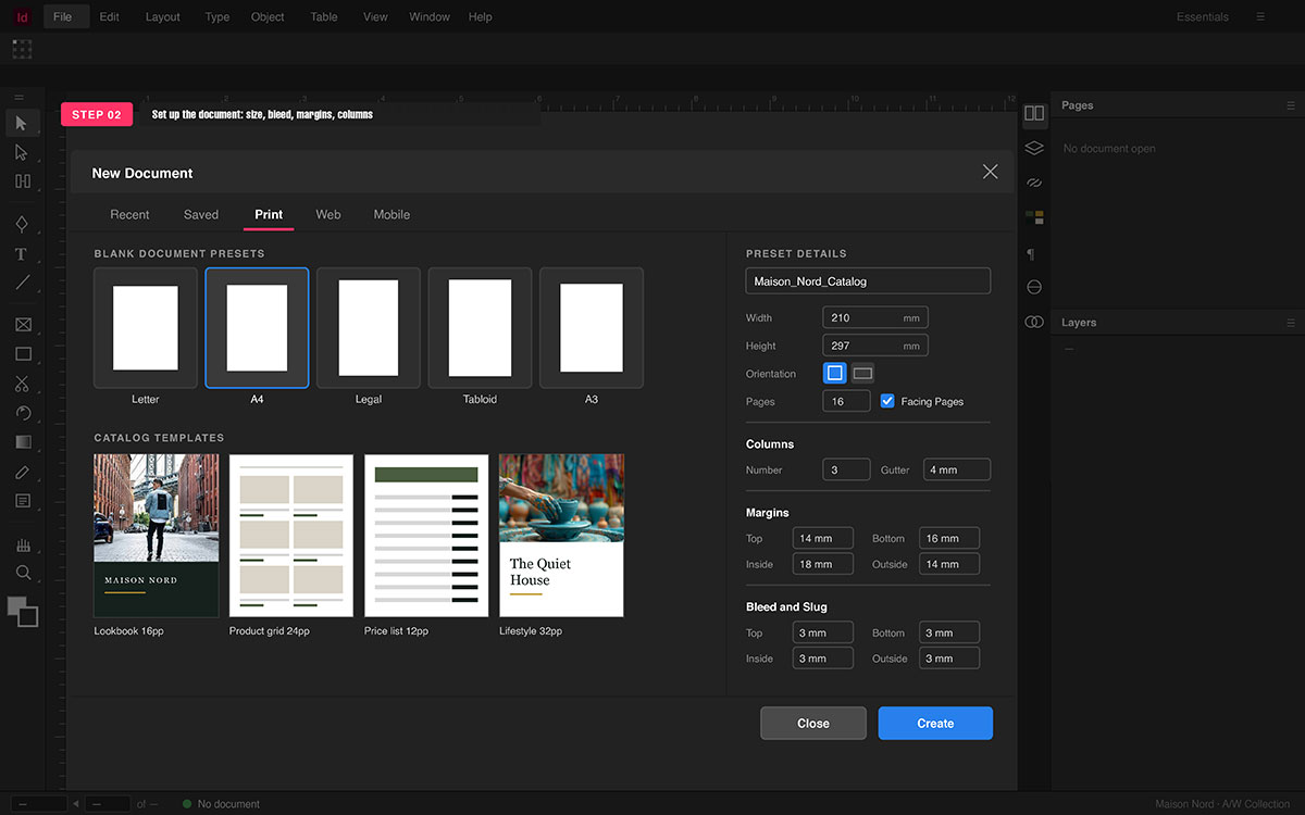 InDesign New Document dialog set to A4, 16 facing pages, 3 columns, 4 mm gutter, and 3 mm bleed on all sides