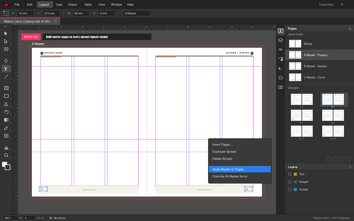 InDesign A-Master spread with 3-column grid, running header and footer, and Apply Master to Pages menu open